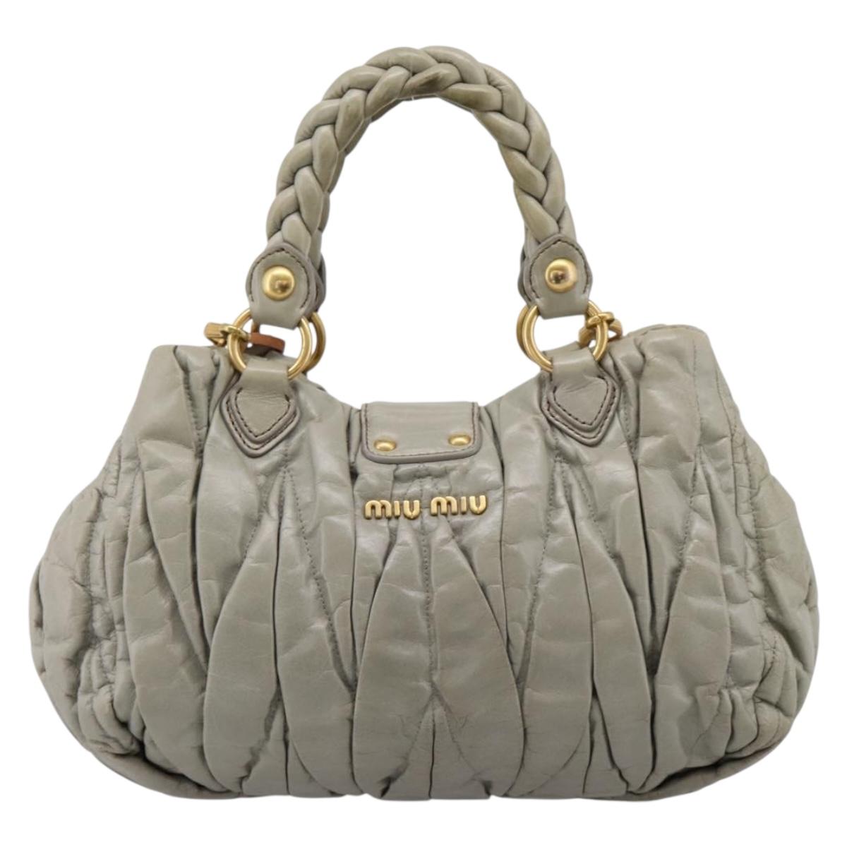 Miu Miu Gathered Hand Bag Leather 2way Gray Gold Auth LN169
