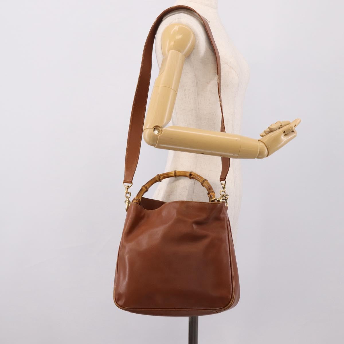 GUCCI Bamboo Shoulder Bag Leather 2way Brown Gold Auth LN172