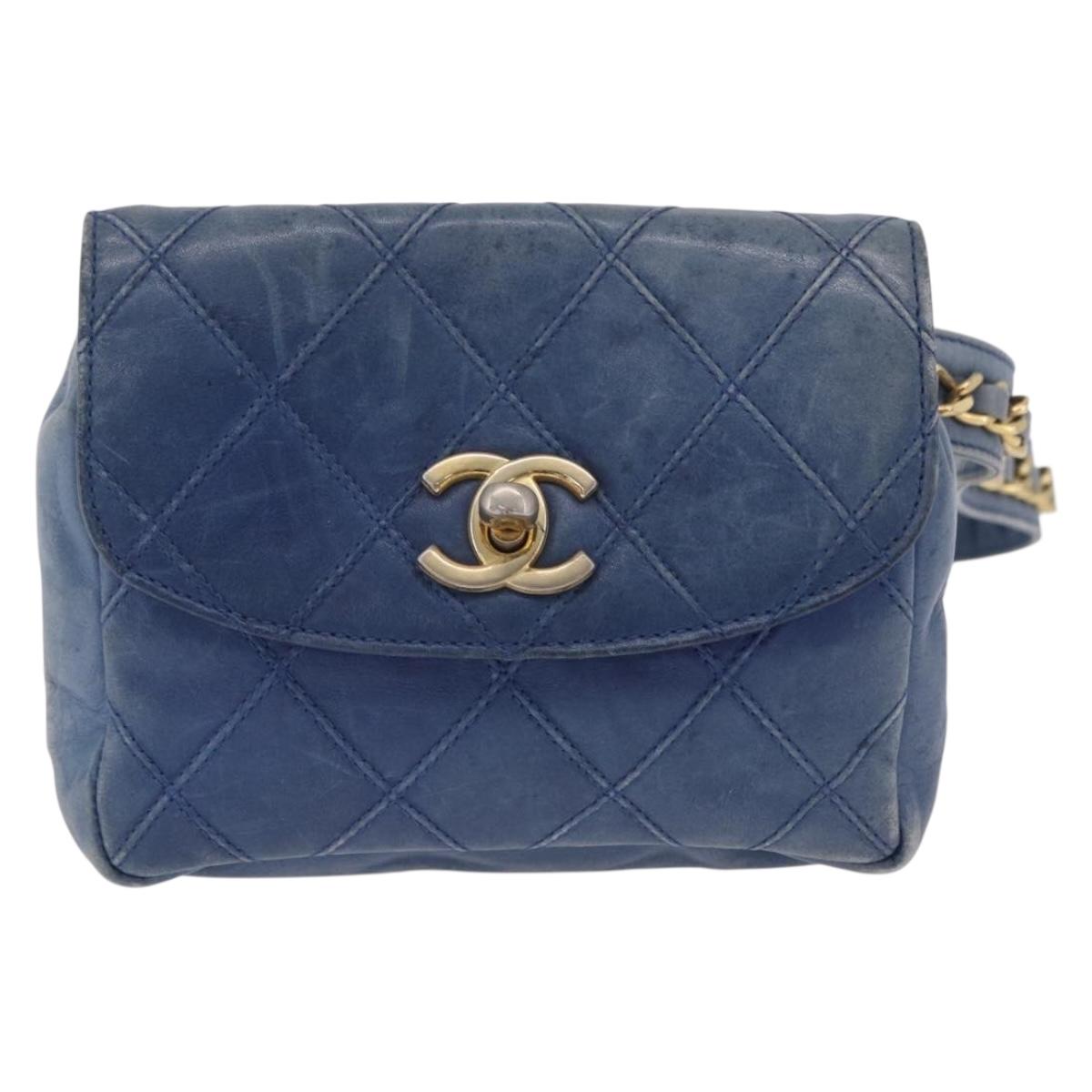 CHANEL Bicolore Waist Bag Leather Blue Gold CC Auth LN173