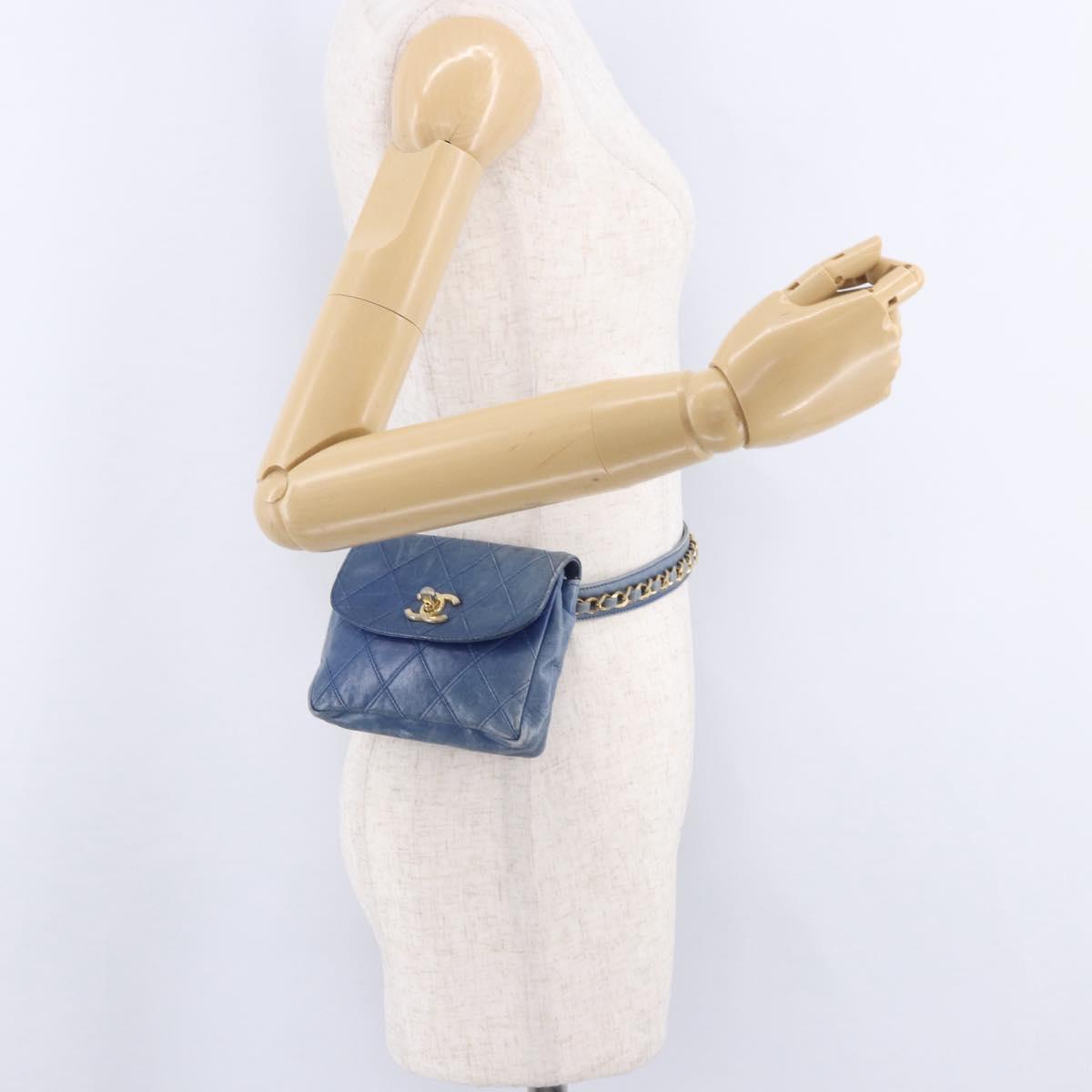 CHANEL Bicolore Waist Bag Leather Blue Gold CC Auth LN173