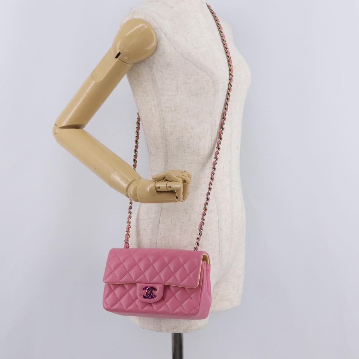CHANEL Mini Matelasse 20 Chain Shoulder Bag Lamb Skin Pink Gold CC Auth LN219SAM