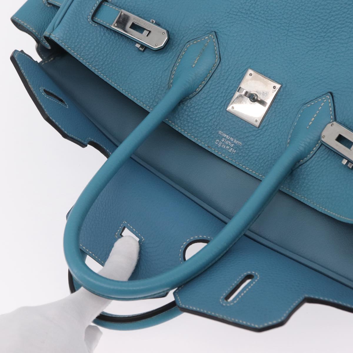 HERMES Birkin 35 Hand Bag Taurillon Leather Turquoise Blue Silver Auth LN221SM