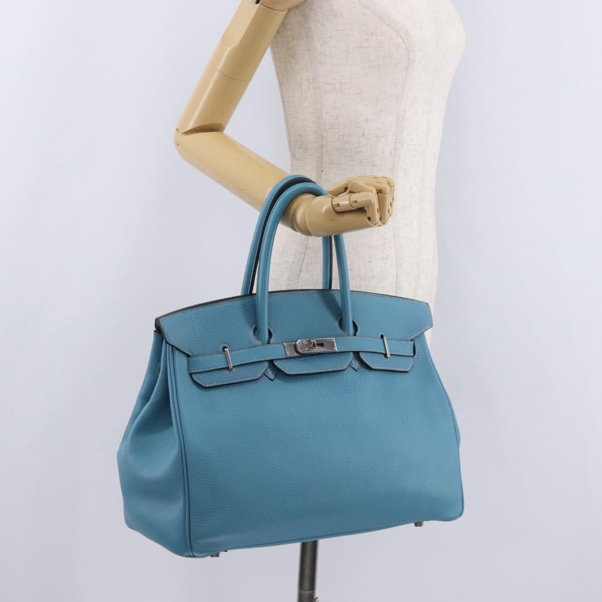 HERMES Birkin 35 Hand Bag Taurillon Leather Turquoise Blue Silver Auth LN221SM