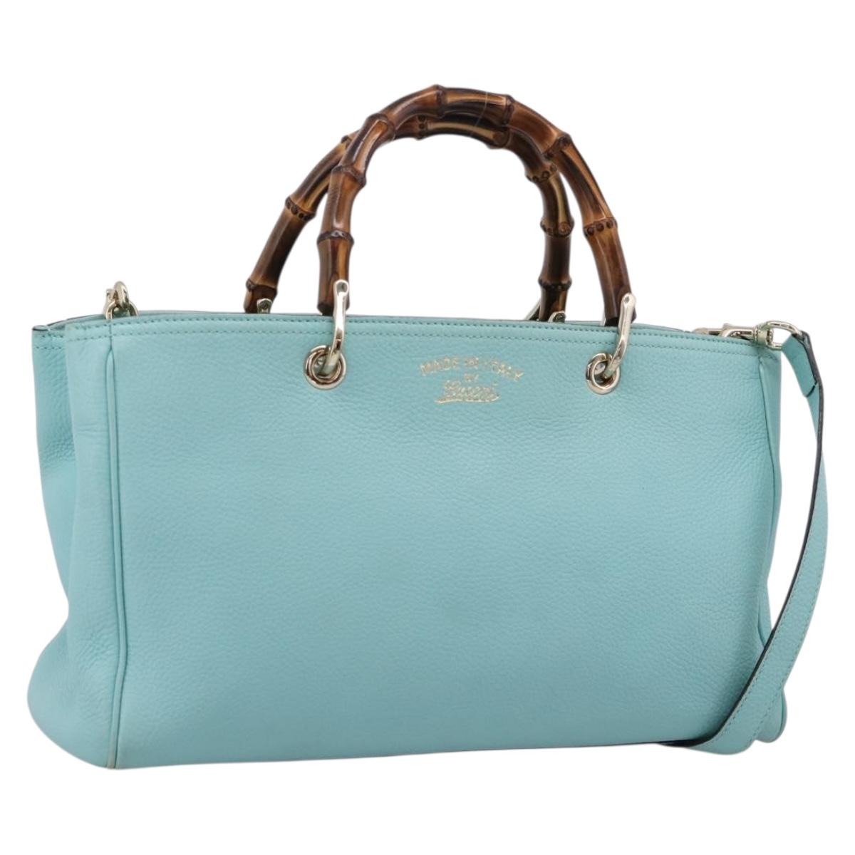 GUCCI Bamboo Hand Bag Leather 2way Light Blue Gold 323660 Auth LN229A