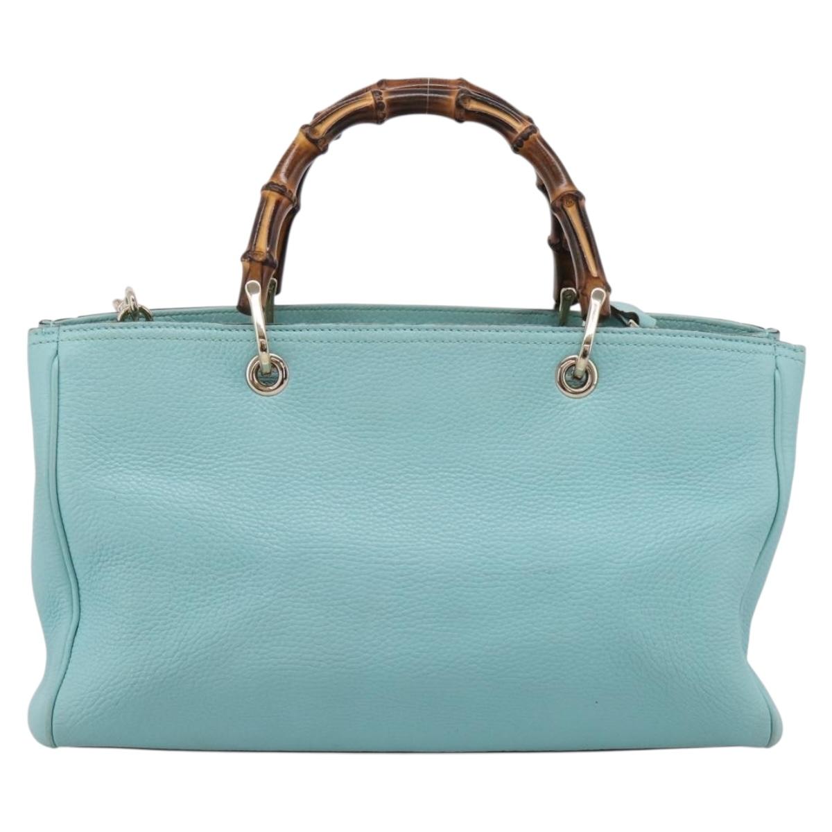 GUCCI Bamboo Hand Bag Leather 2way Light Blue Gold 323660 Auth LN229A