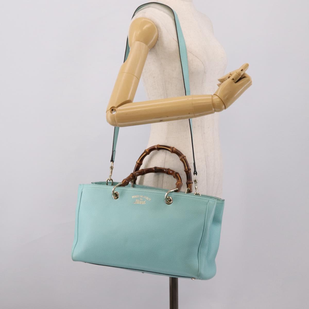 GUCCI Bamboo Hand Bag Leather 2way Light Blue Gold 323660 Auth LN229A