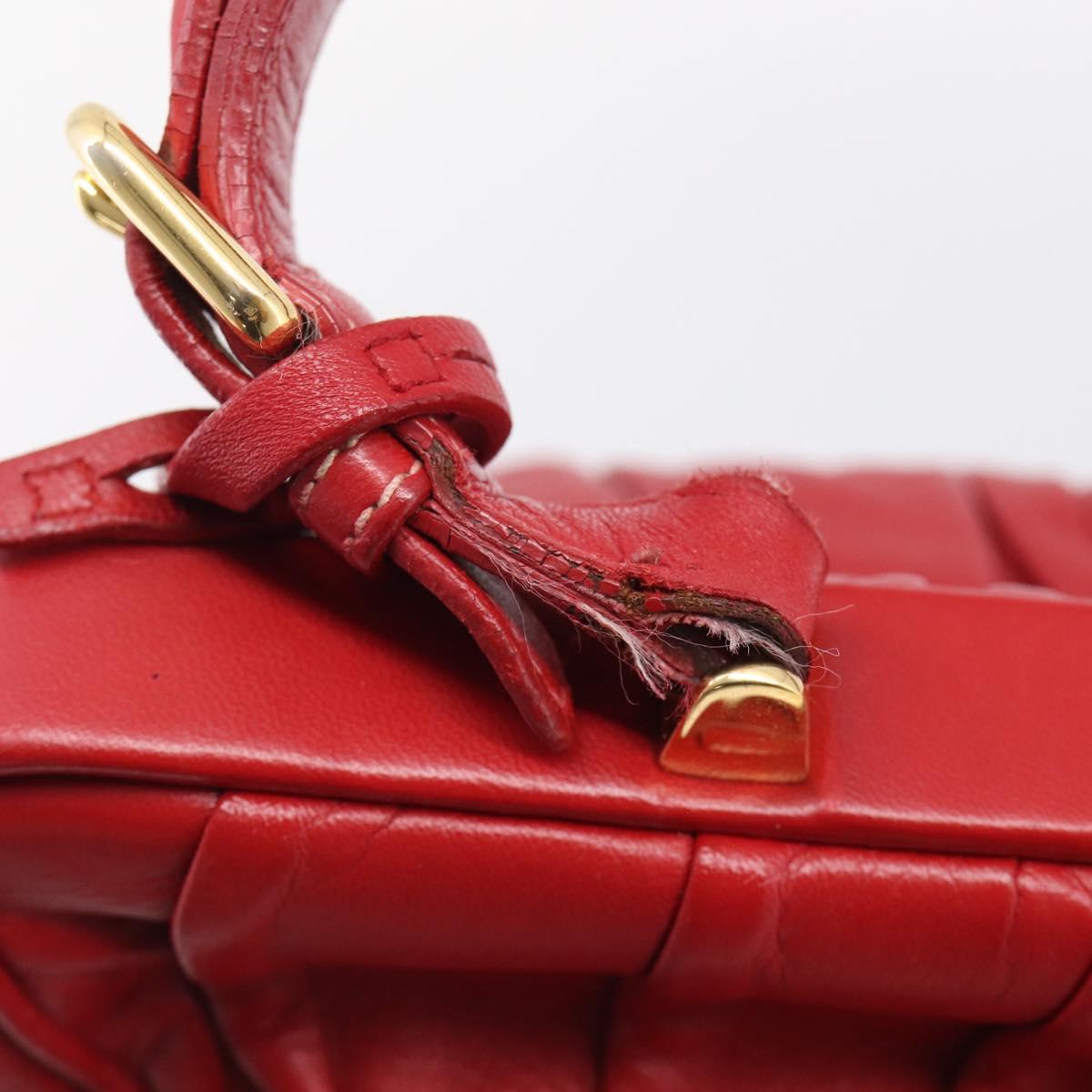 PRADA Gathered Hand Bag Leather Red Gold Auth LN233