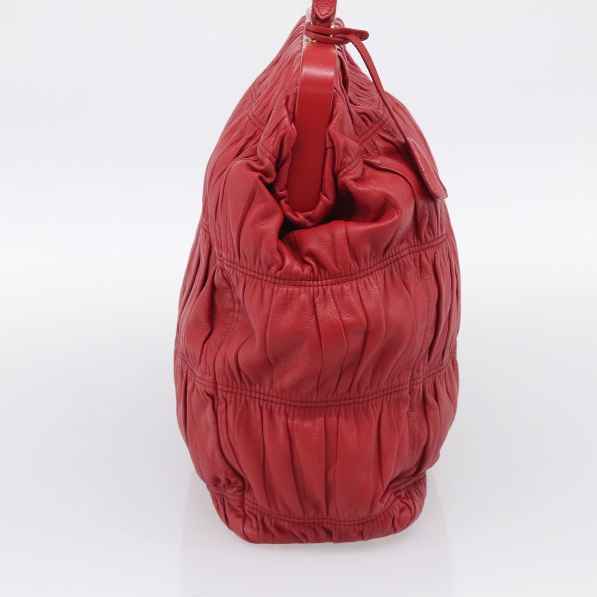 PRADA Gathered Hand Bag Leather Red Gold Auth LN233