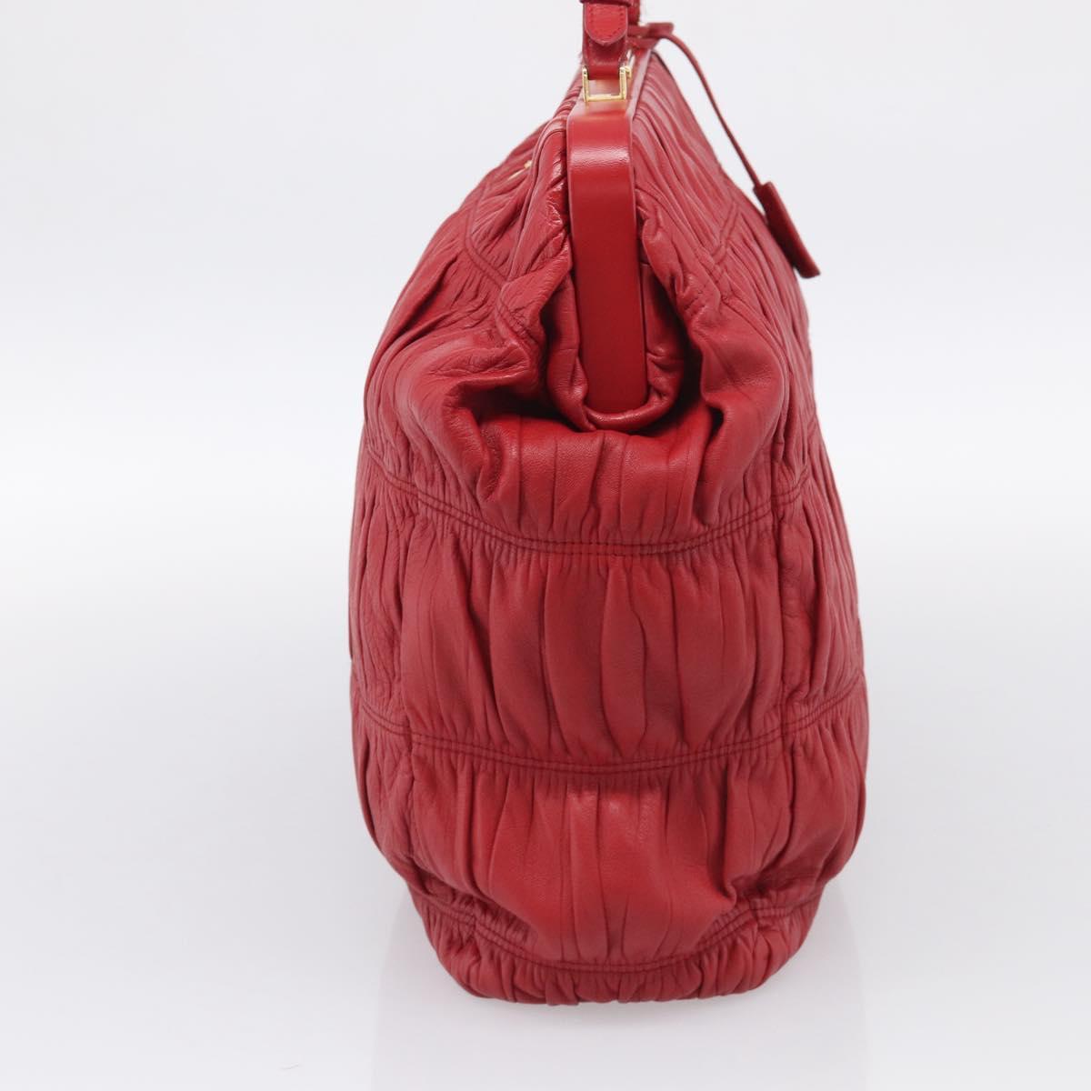 PRADA Gathered Hand Bag Leather Red Gold Auth LN233