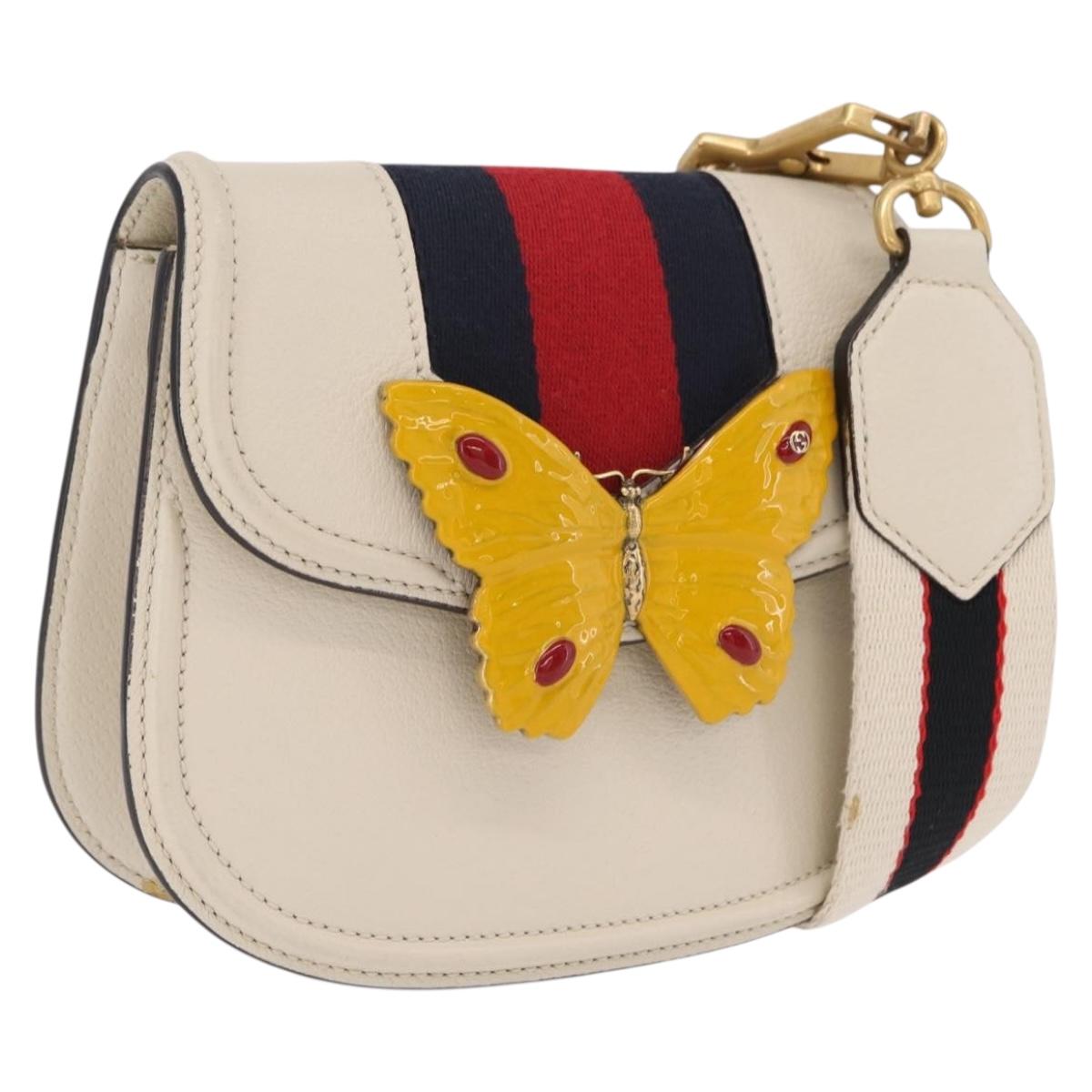 GUCCI Sherry Line Shoulder Bag Leather Ivory Gold Auth LN236V