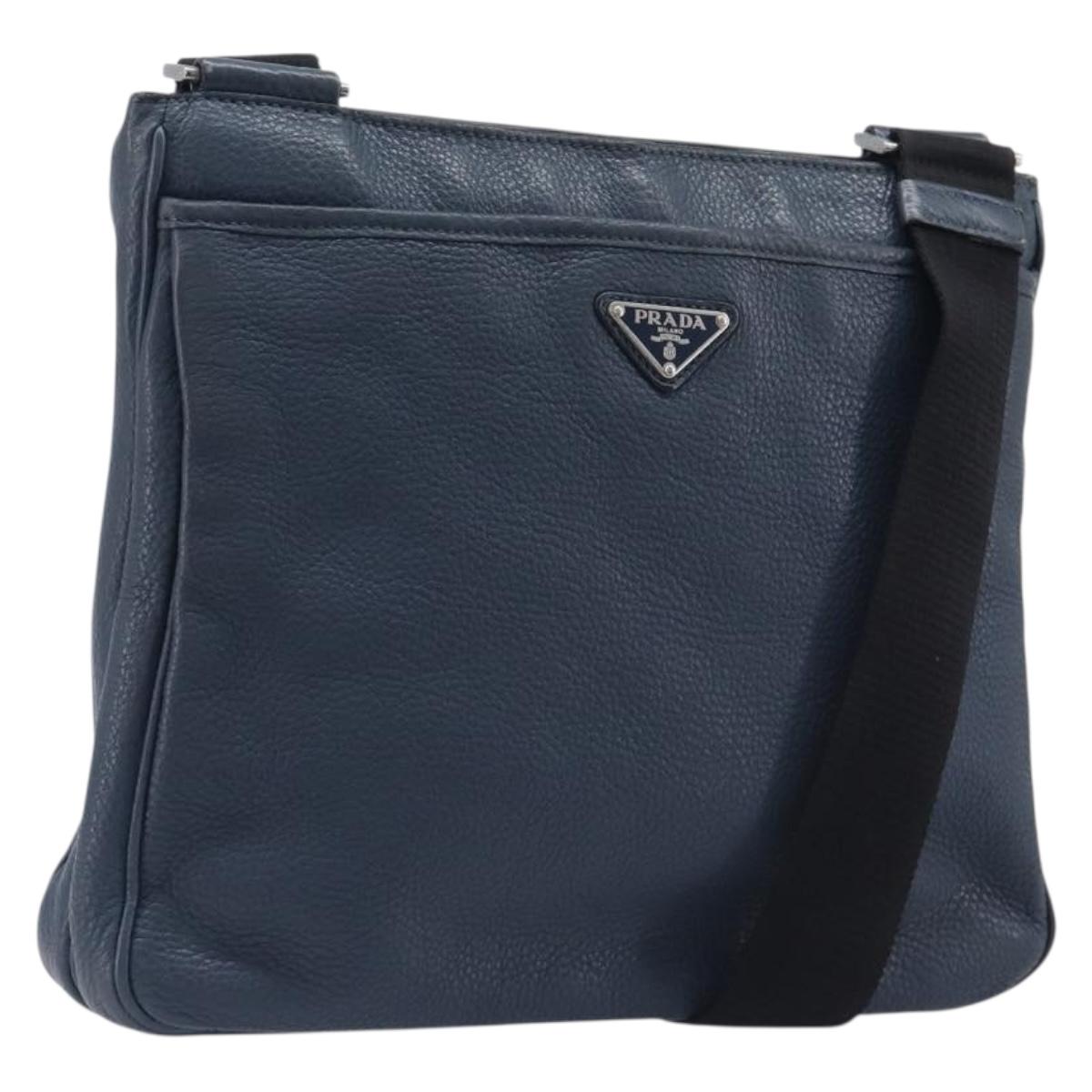 PRADA Shoulder Bag Vittero Dino Leather Navy Silver Auth LN240