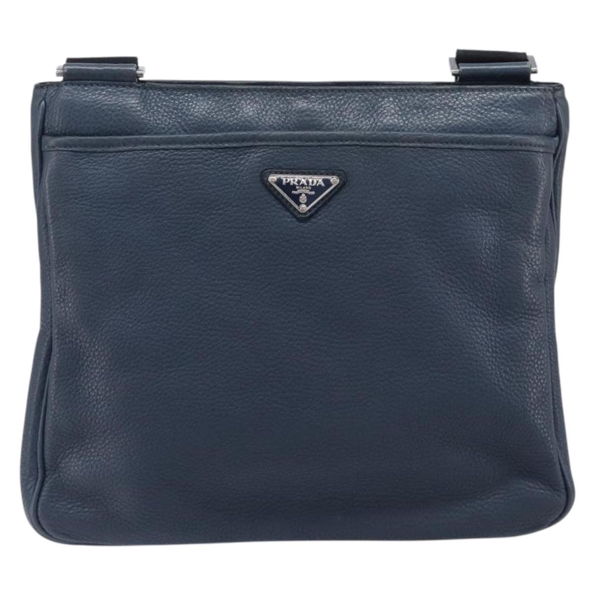 PRADA Shoulder Bag Vittero Dino Leather Navy Silver Auth LN240