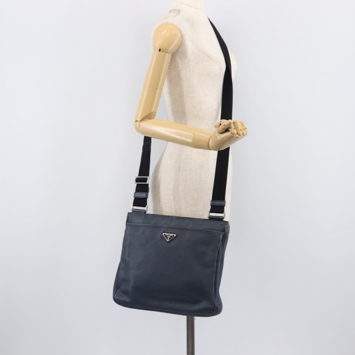 PRADA Shoulder Bag Vittero Dino Leather Navy Silver Auth LN240