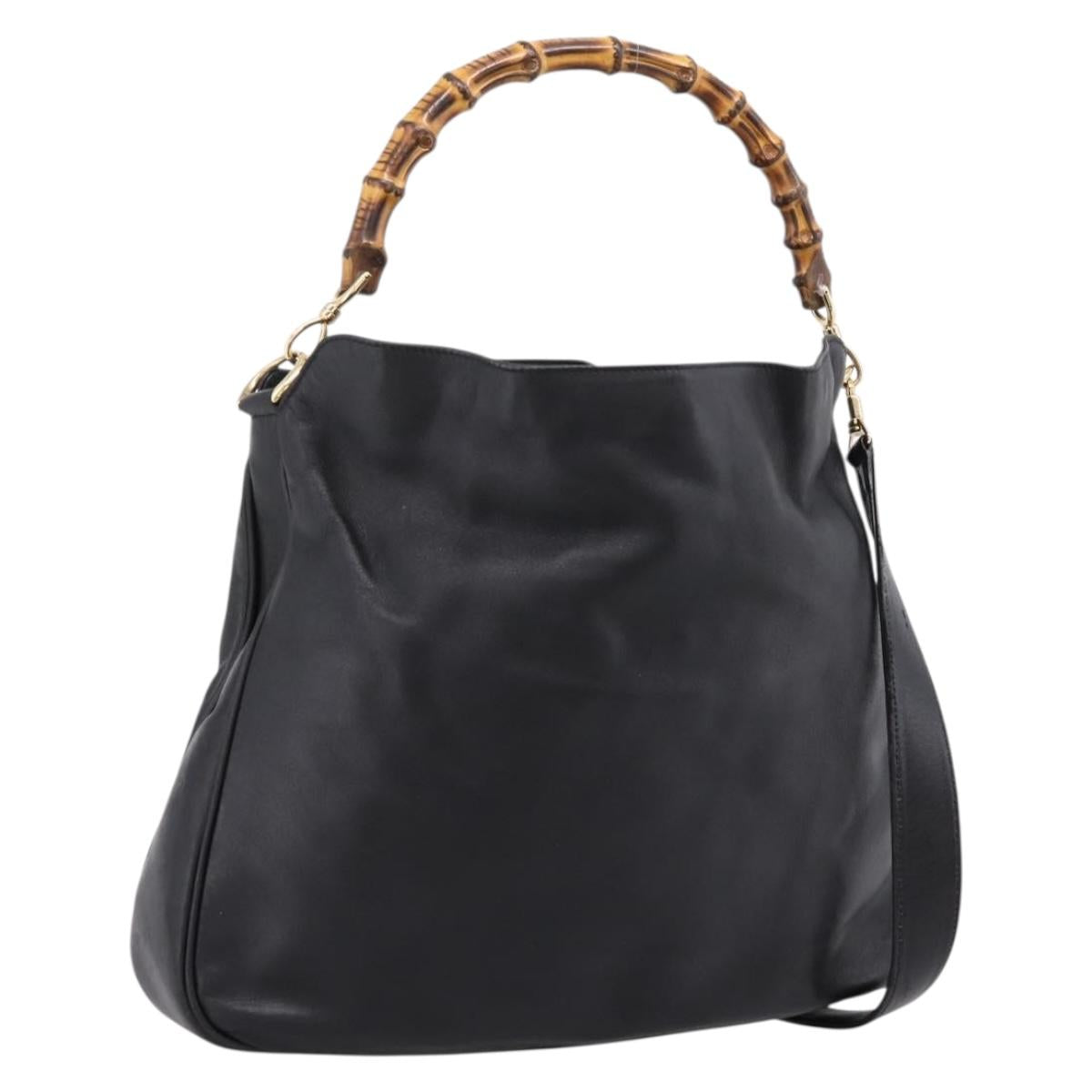 GUCCI Bamboo Hand Bag Leather 2way Black Gold 001 2058 1577 Auth LN249