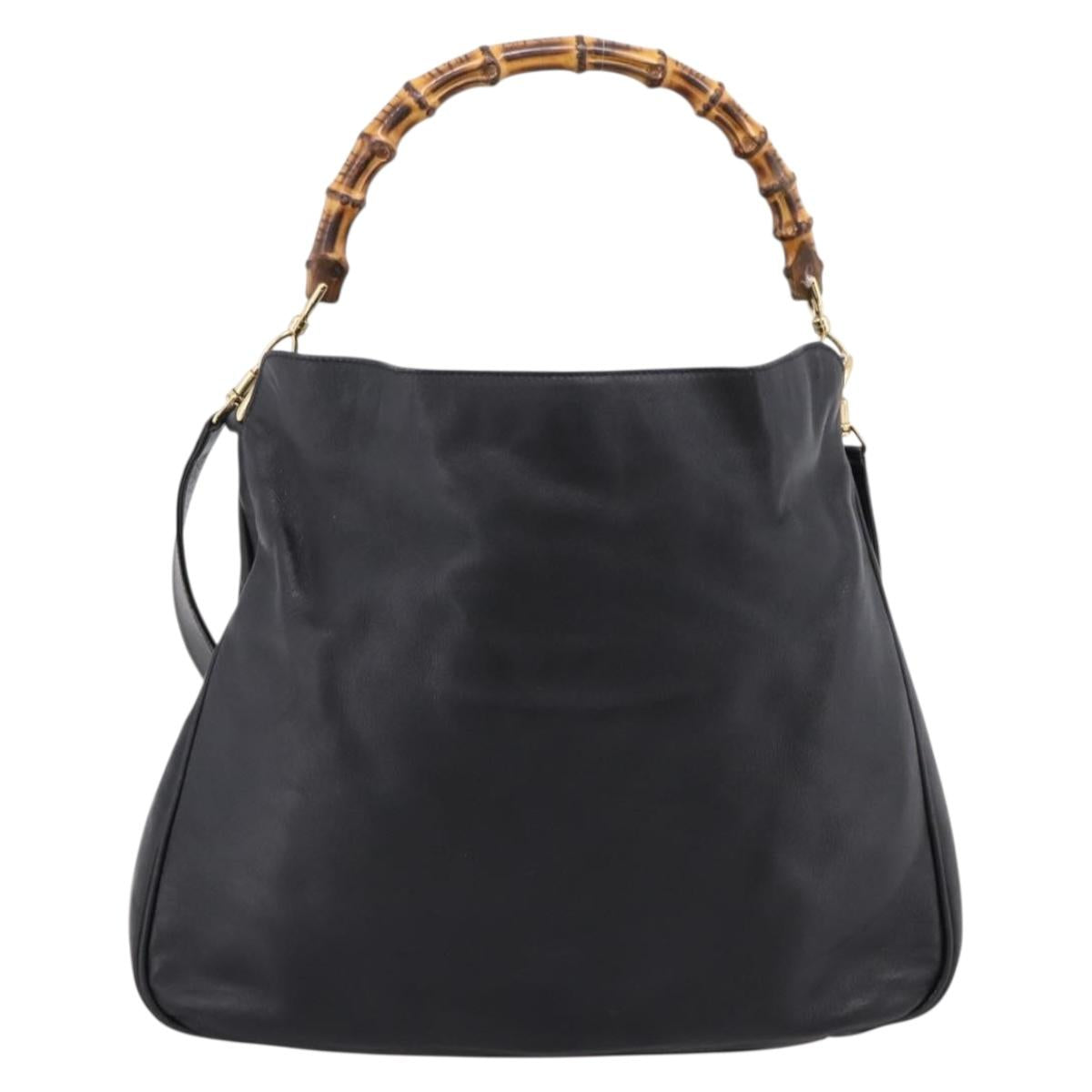 GUCCI Bamboo Hand Bag Leather 2way Black Gold 001 2058 1577 Auth LN249
