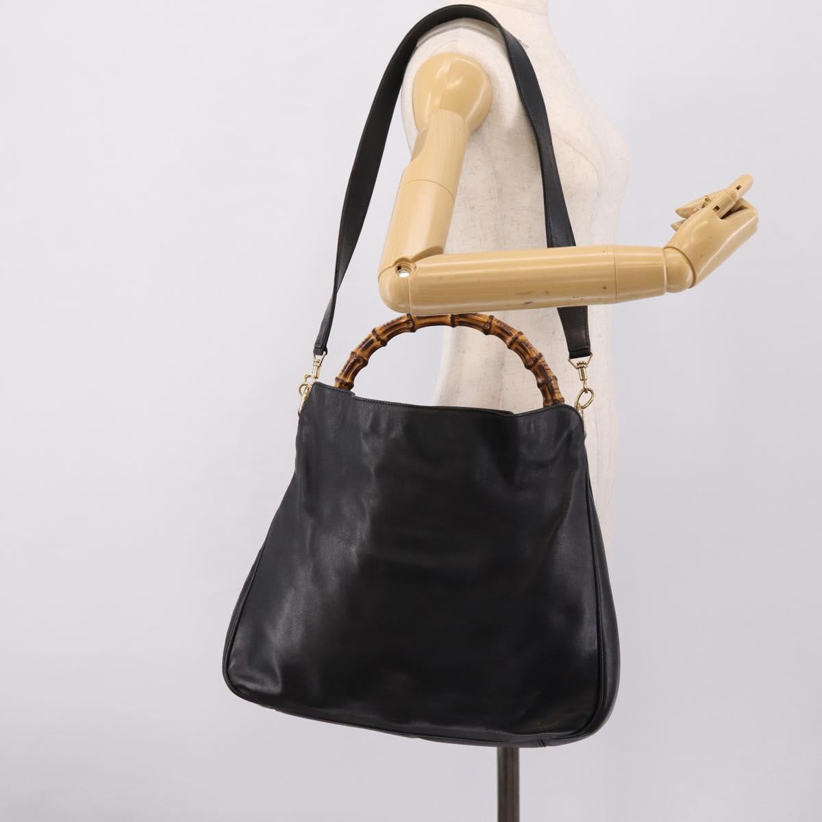GUCCI Bamboo Hand Bag Leather 2way Black Gold 001 2058 1577 Auth LN249