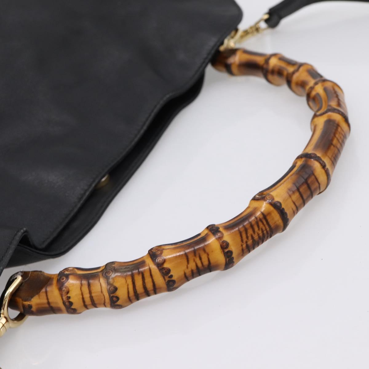 GUCCI Bamboo Hand Bag Leather 2way Black Gold 001 2058 1577 Auth LN249