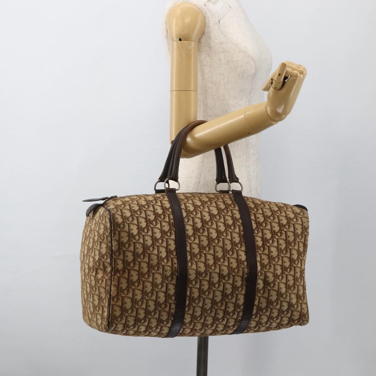 Christian Dior Trotter Canvas Boston Bag Beige Silver Auth LNZ007