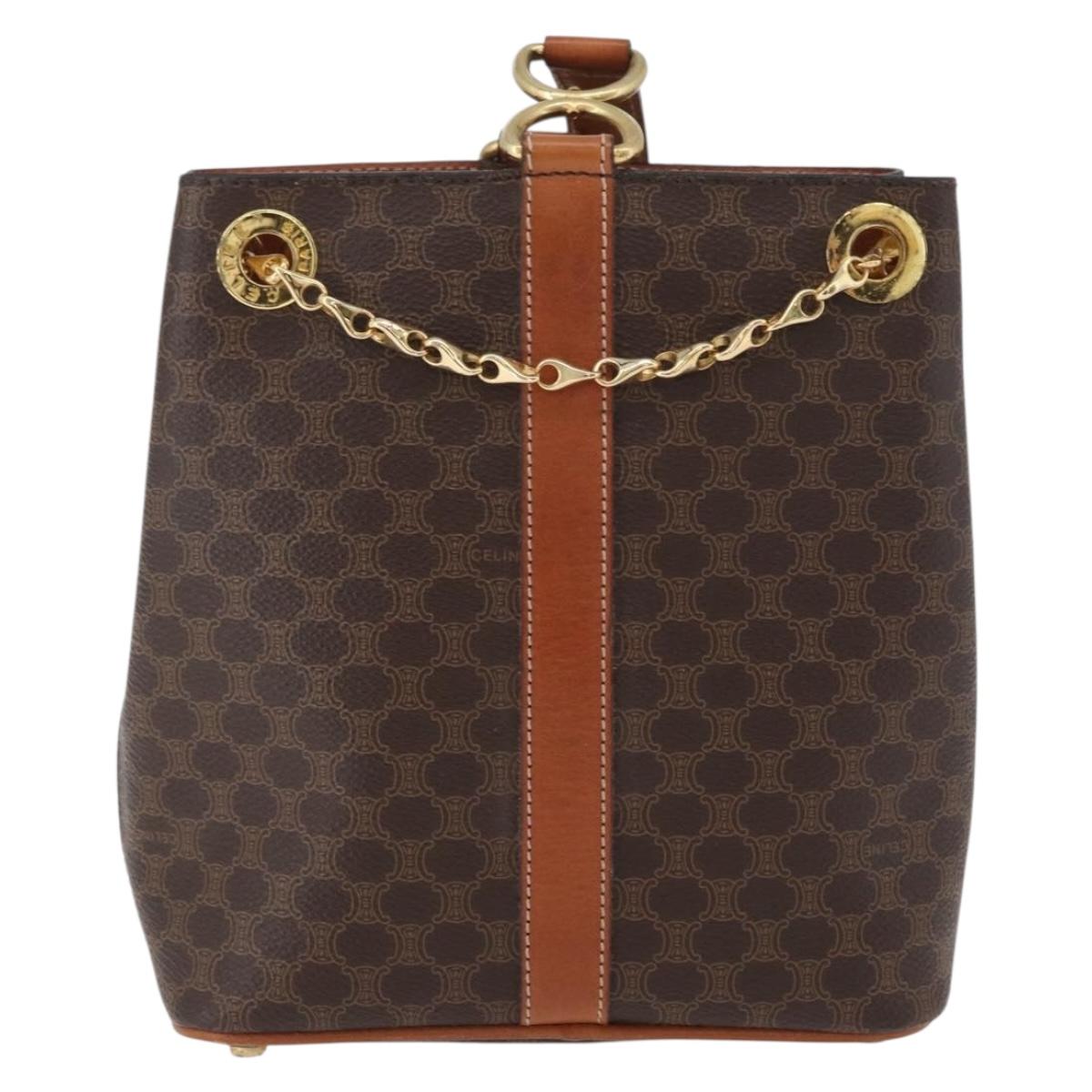 CELINE Macadam Canvas Shoulder Bag PVC Leather Brown Gold Auth LNZ020A