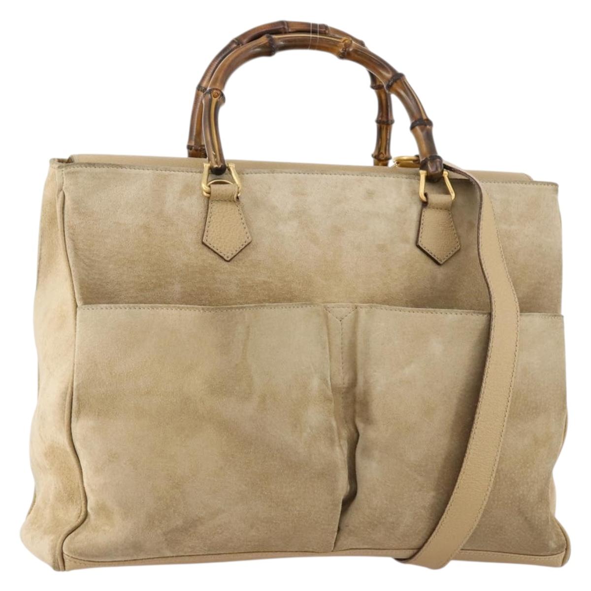 GUCCI Bamboo Hand Bag Suede 2way Beige Gold Auth LNZ043