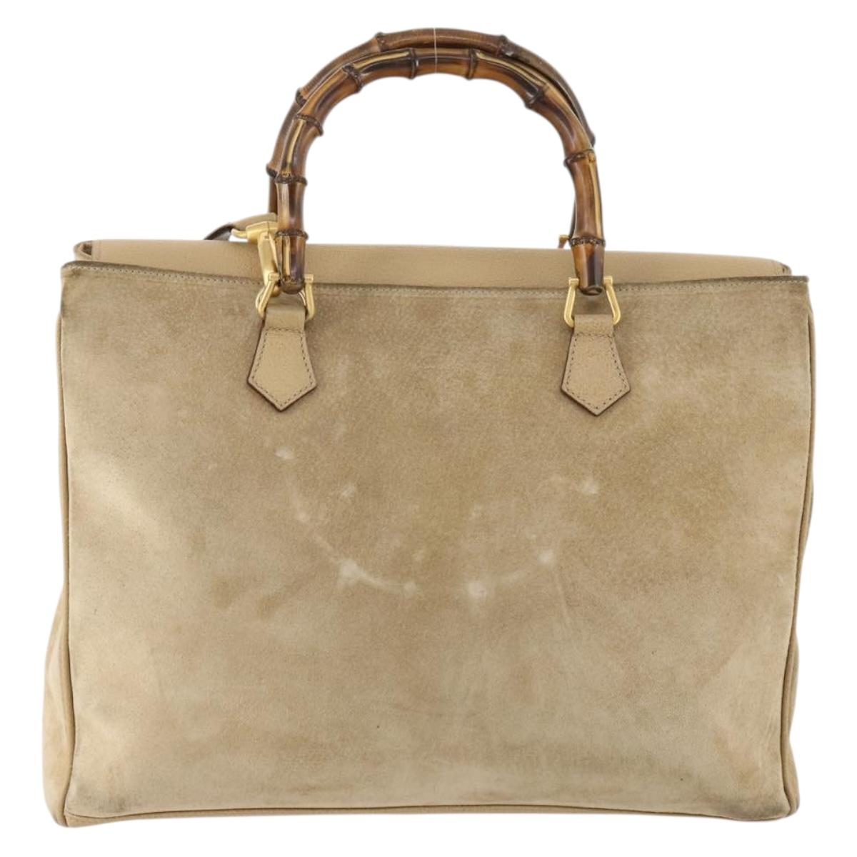 GUCCI Bamboo Hand Bag Suede 2way Beige Gold Auth LNZ043