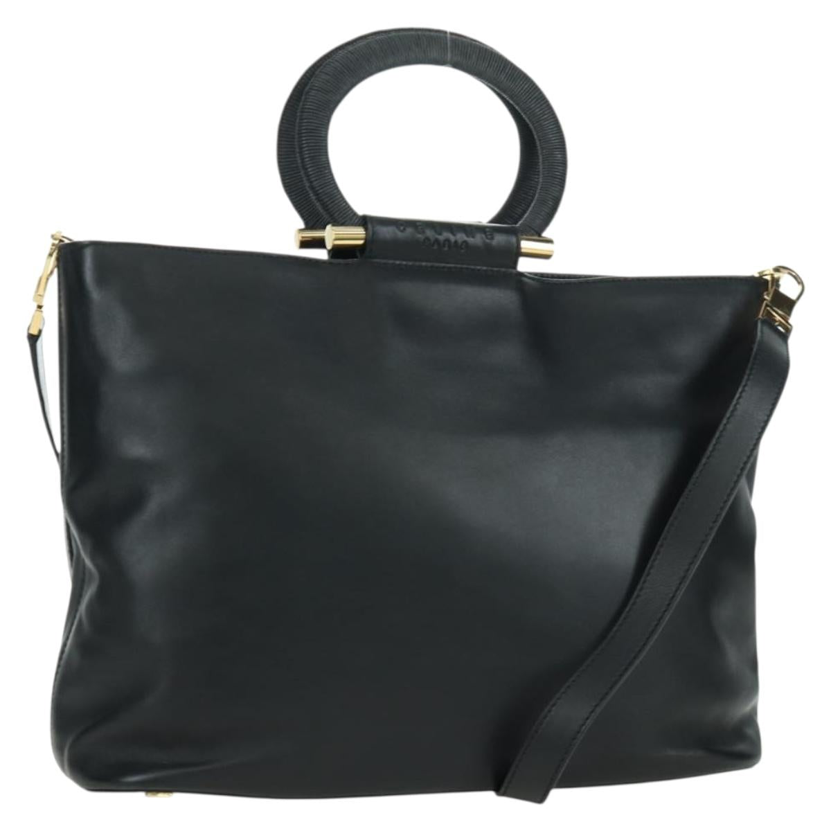 CELINE Hand Bag Leather 2way Black Gold Auth LNZ047V