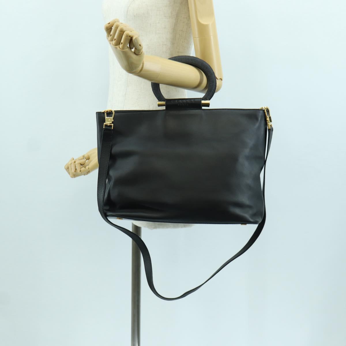 CELINE Hand Bag Leather 2way Black Gold Auth LNZ047V