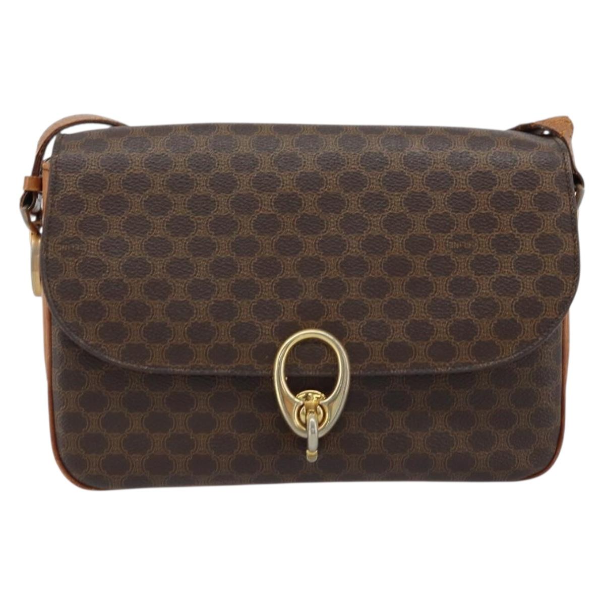 CELINE Macadam Canvas Shoulder Bag PVC Leather Brown Gold Auth LNZ086