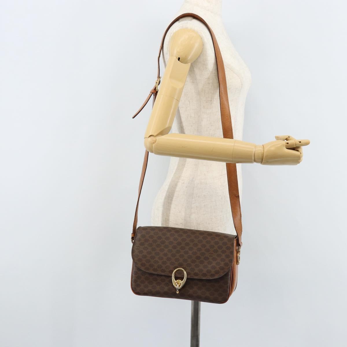 CELINE Macadam Canvas Shoulder Bag PVC Leather Brown Gold Auth LNZ086