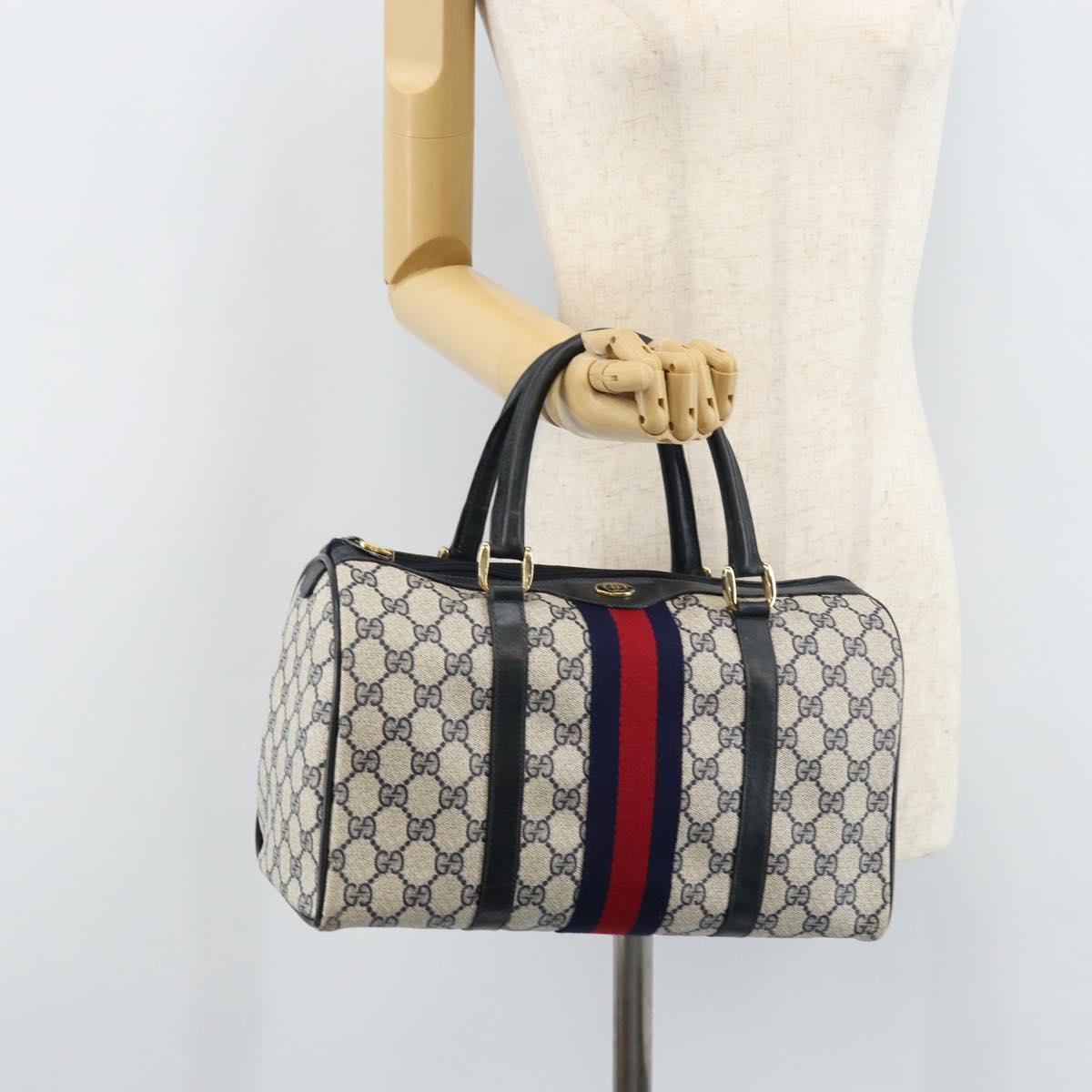 GUCCI GG Supreme Sherry Line Boston Bag PVC Navy Gold 012 3842 33 39 Auth LNZ094