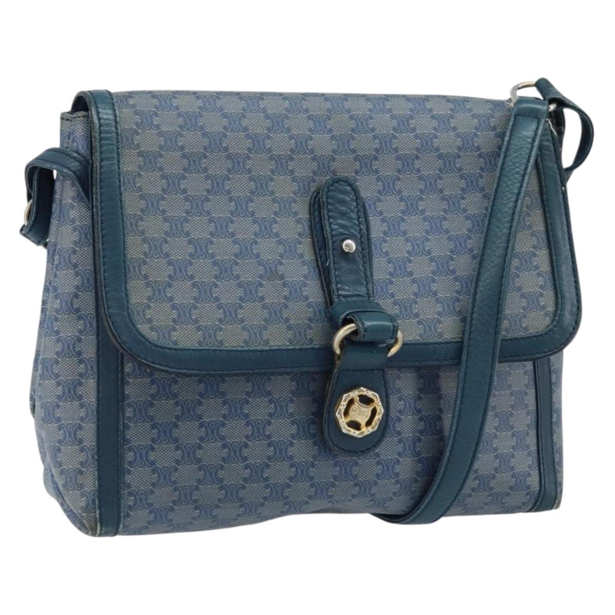CELINE Macadam Canvas Shoulder Bag PVC Navy Gold Auth LNZ098