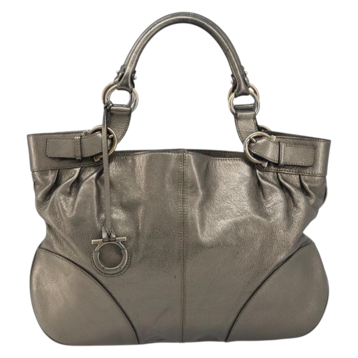 Salvatore Ferragamo Gancini Hand Bag Leather Gold Auth LNZ099