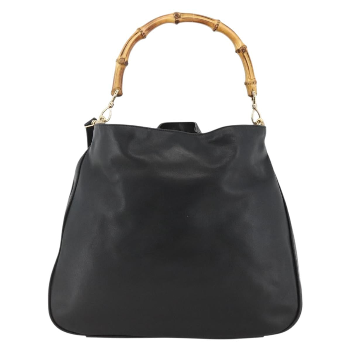 GUCCI Bamboo Shoulder Bag Leather 2way Black Gold 001 1577 Auth BSZ637