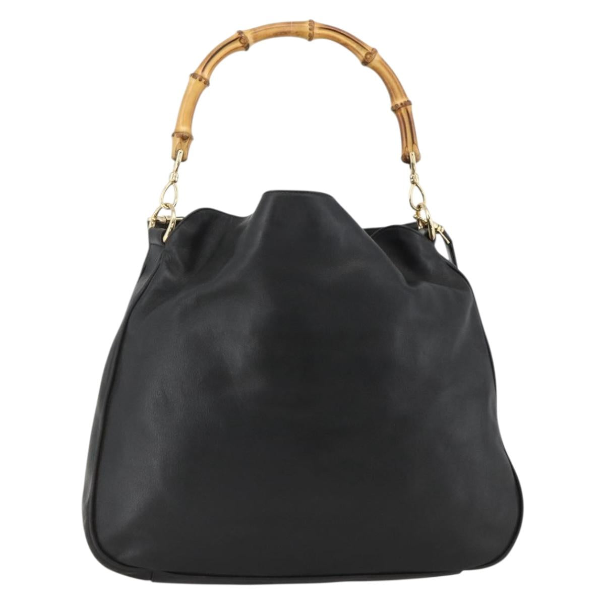 GUCCI Bamboo Shoulder Bag Leather 2way Black Gold 001 1577 Auth BSZ637