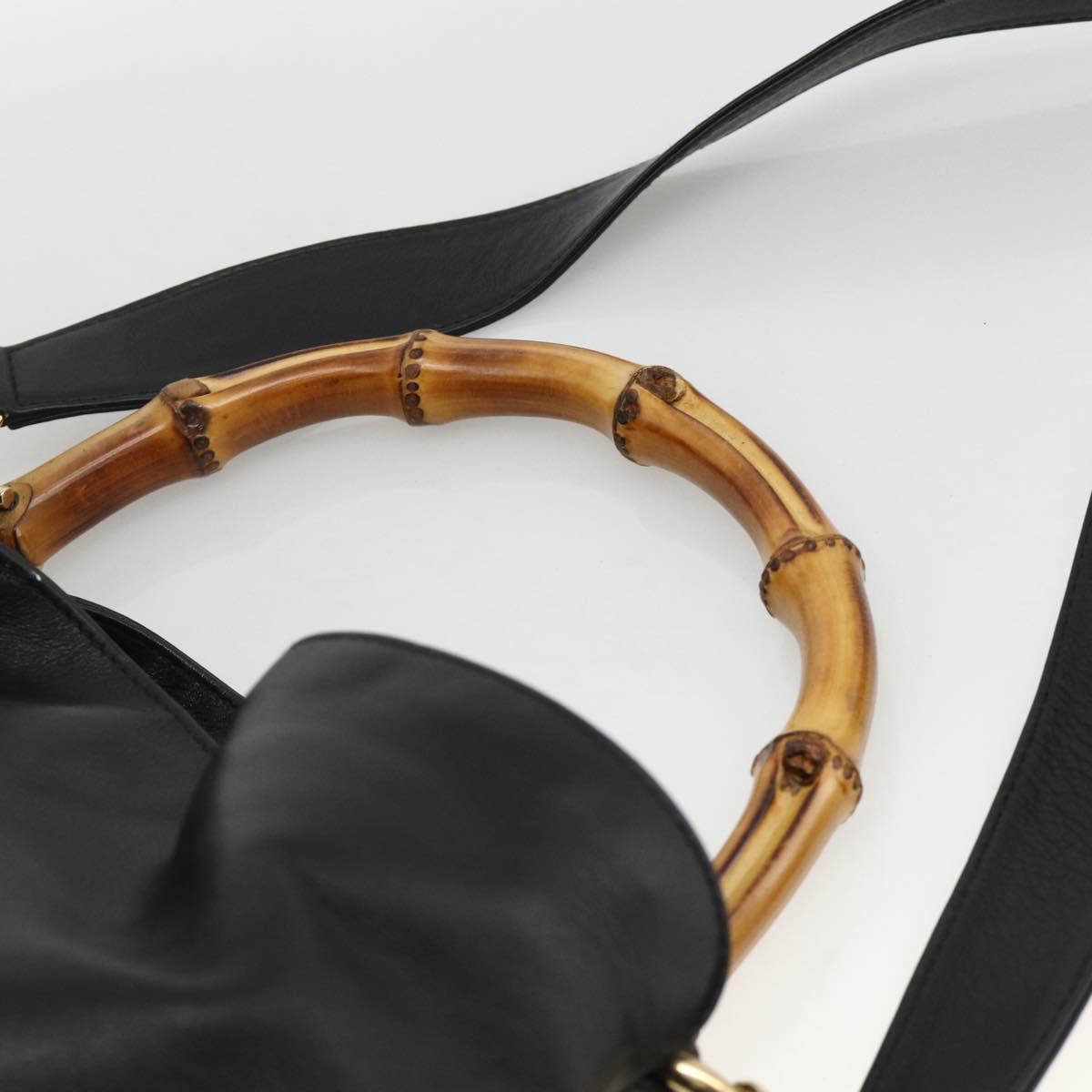 GUCCI Bamboo Shoulder Bag Leather 2way Black Gold 001 1577 Auth BSZ637