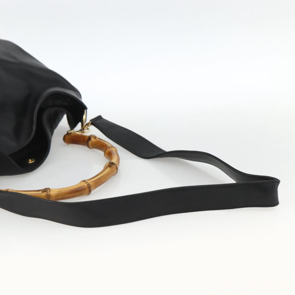 GUCCI Bamboo Shoulder Bag Leather 2way Black Gold 001 1577 Auth BSZ637