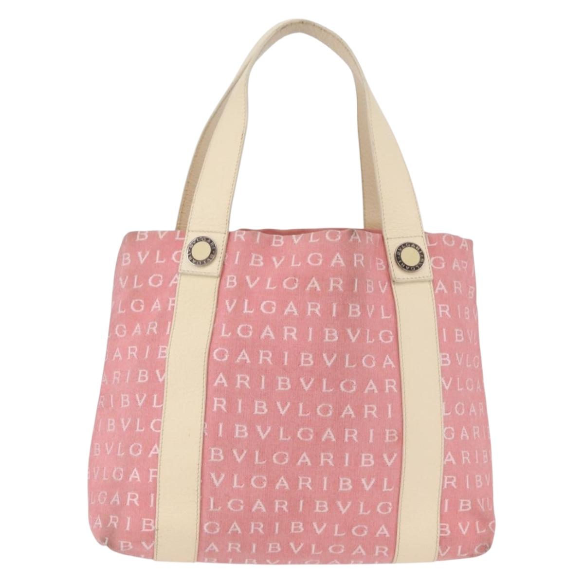 BVLGARI Logo Mania Hand Bag Canvas Pink Silver Auth BSZ642