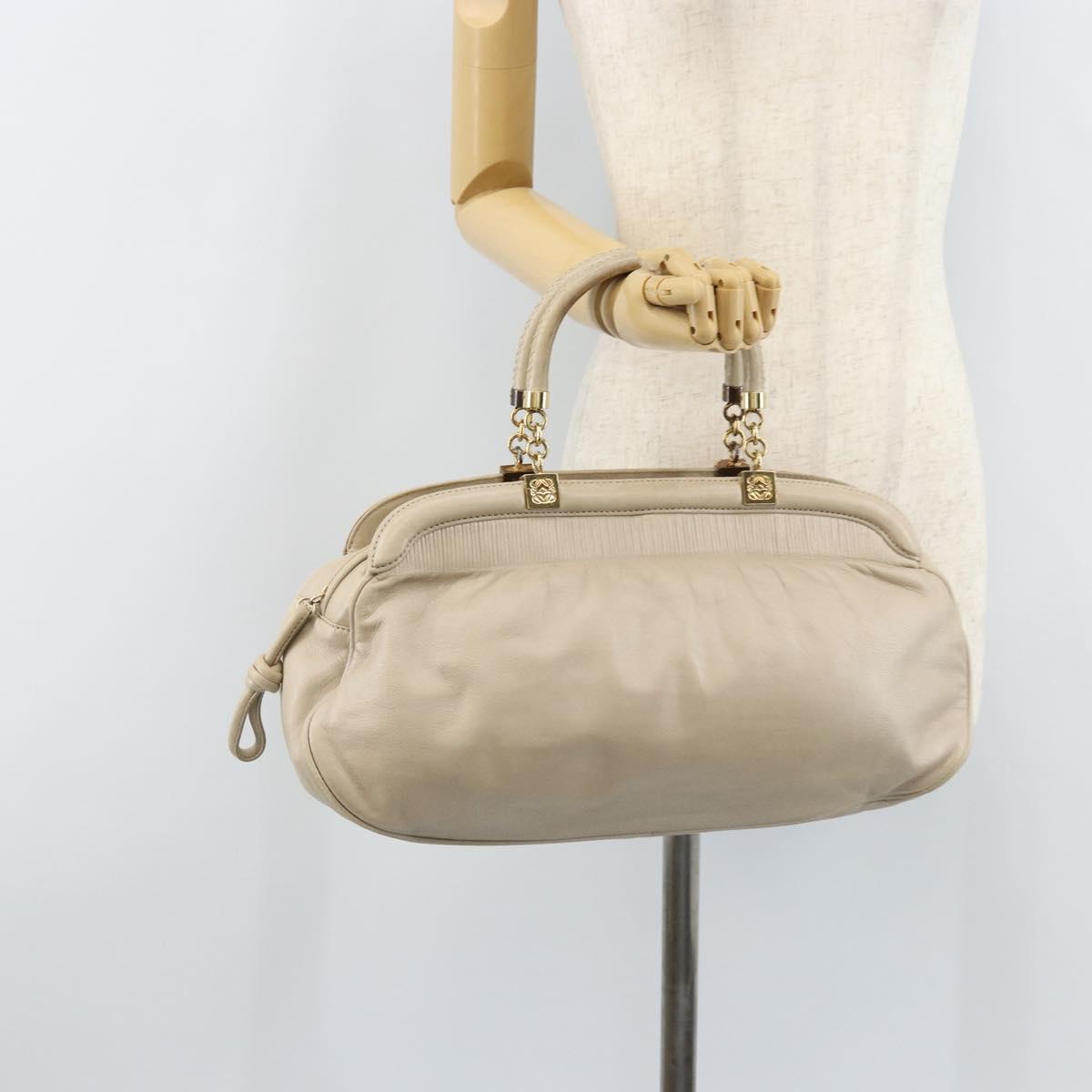 LOEWE Hand Bag Leather Beige Gold Auth LNZ103