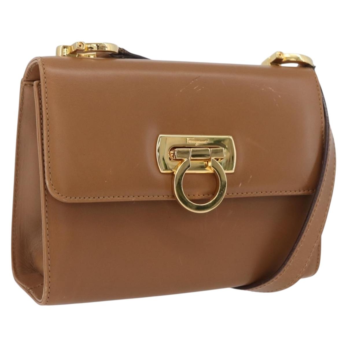 Salvatore Ferragamo Gancini Shoulder Bag Leather Beige Gold Auth BSZ647