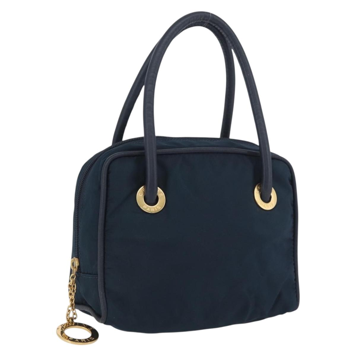 CELINE Circle Hand Bag Nylon Navy Gold Auth BSZ650