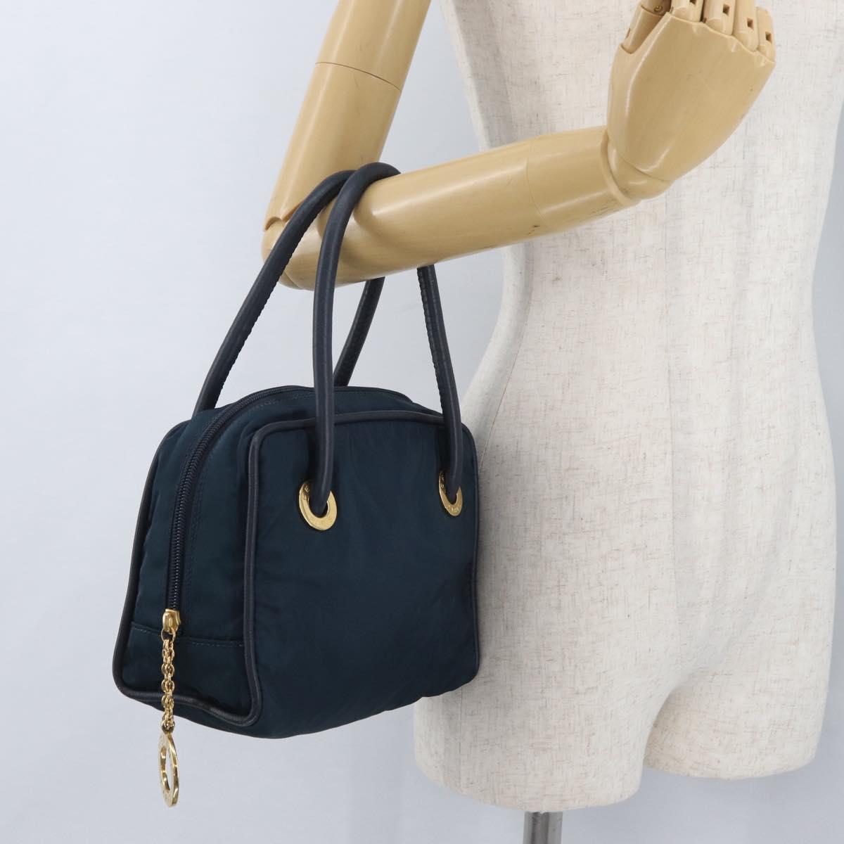 CELINE Circle Hand Bag Nylon Navy Gold Auth BSZ650
