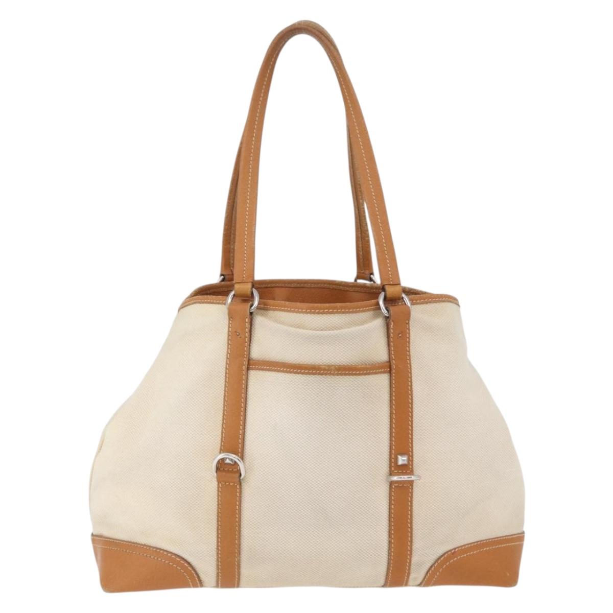 PRADA Tote Bag Canvas Leather Beige Silver Auth BSZ661