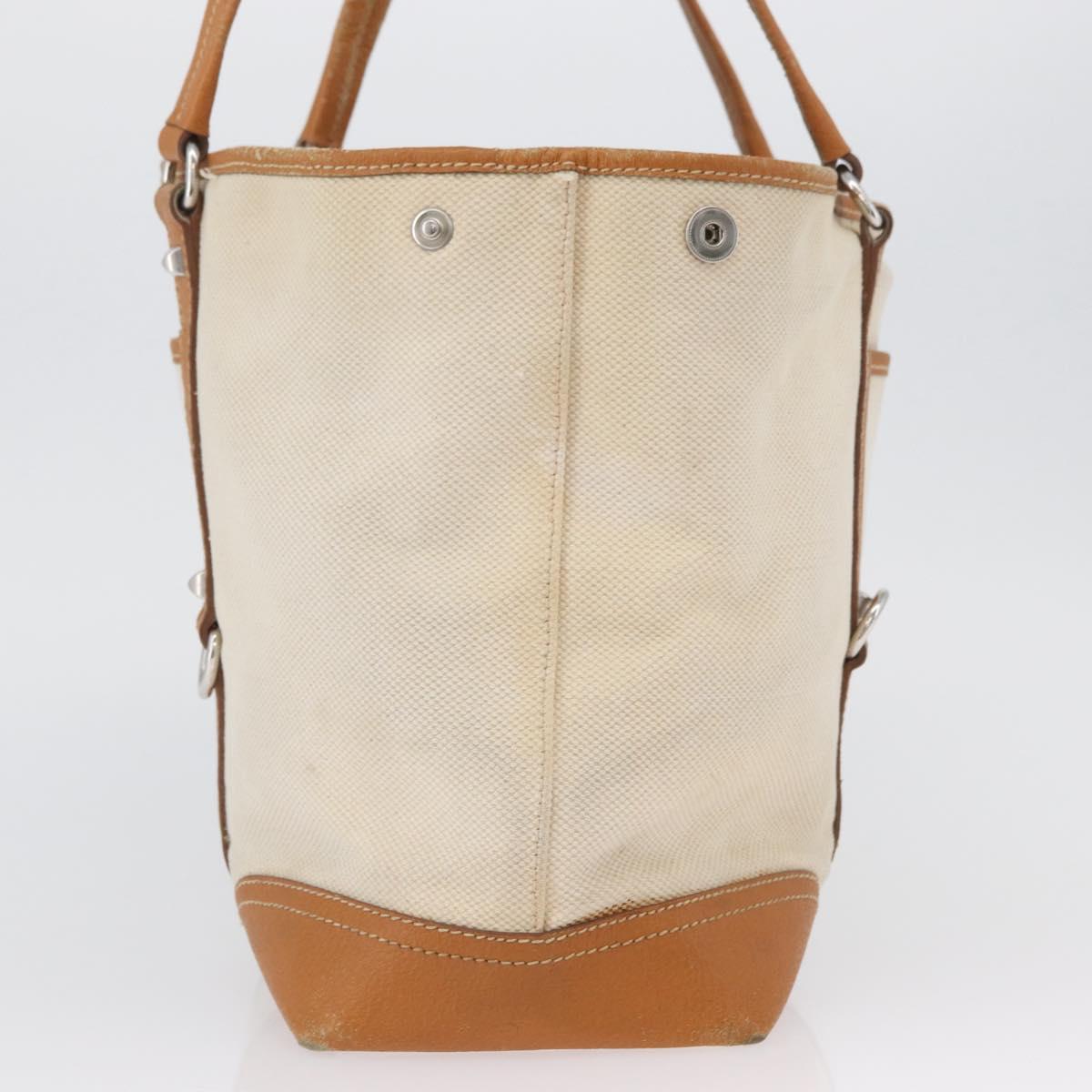 PRADA Tote Bag Canvas Leather Beige Silver Auth BSZ661