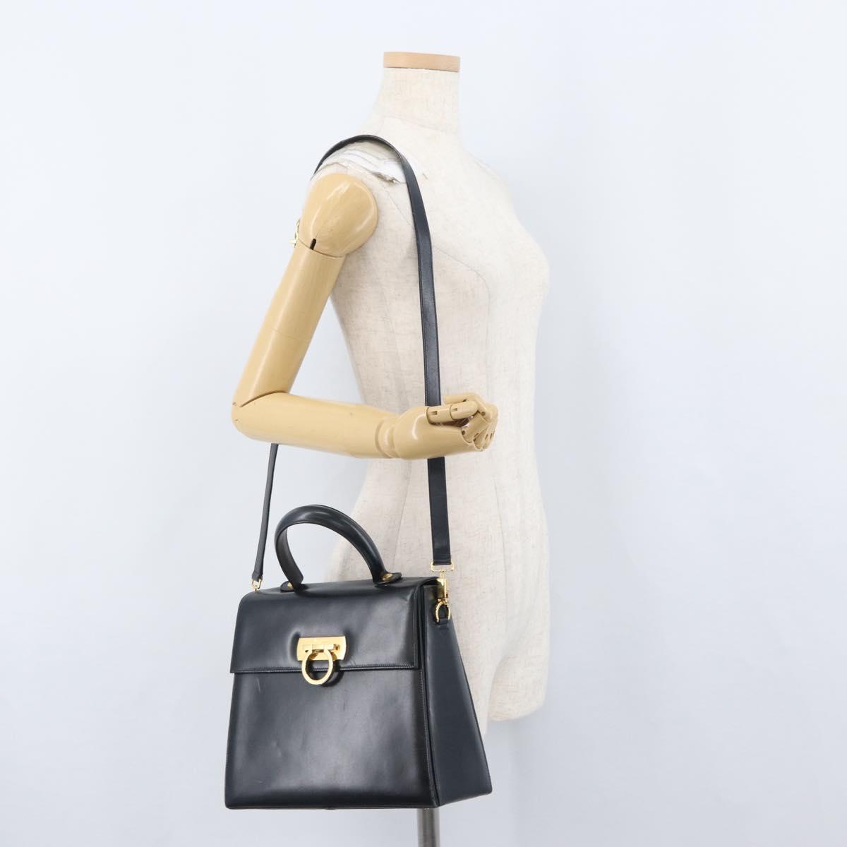 Salvatore Ferragamo Gancini Hand Bag Leather 2way Navy Gold Auth LNZ105