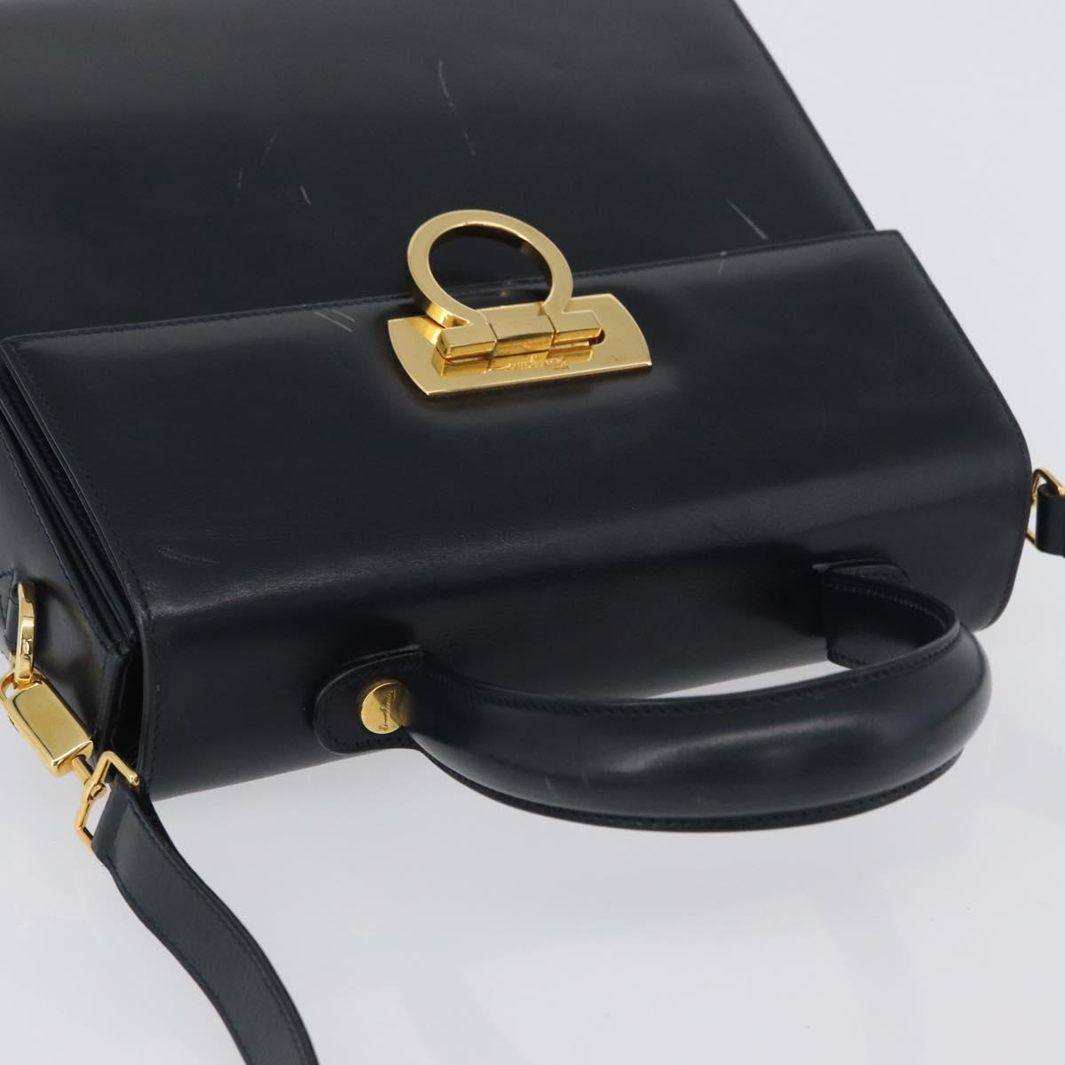 Salvatore Ferragamo Gancini Hand Bag Leather 2way Navy Gold Auth LNZ105