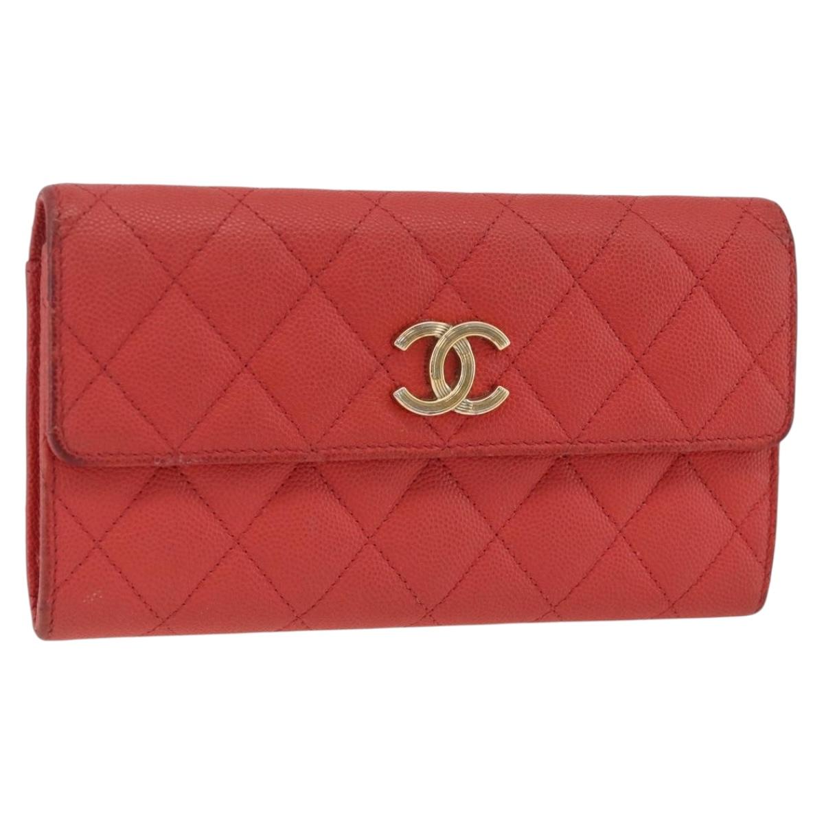 CHANEL Matelasse Long Wallet Caviar Skin Pink Gold CC Auth BSZ676A