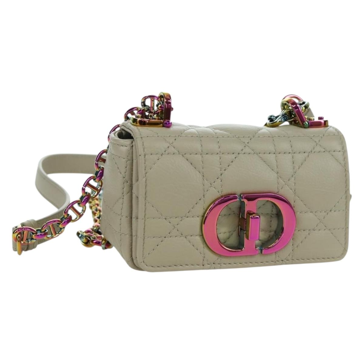 Christian Dior Canage Chain Dior Caro Bag Lamb Skin Ivory Gold Auth BSZ691SAM