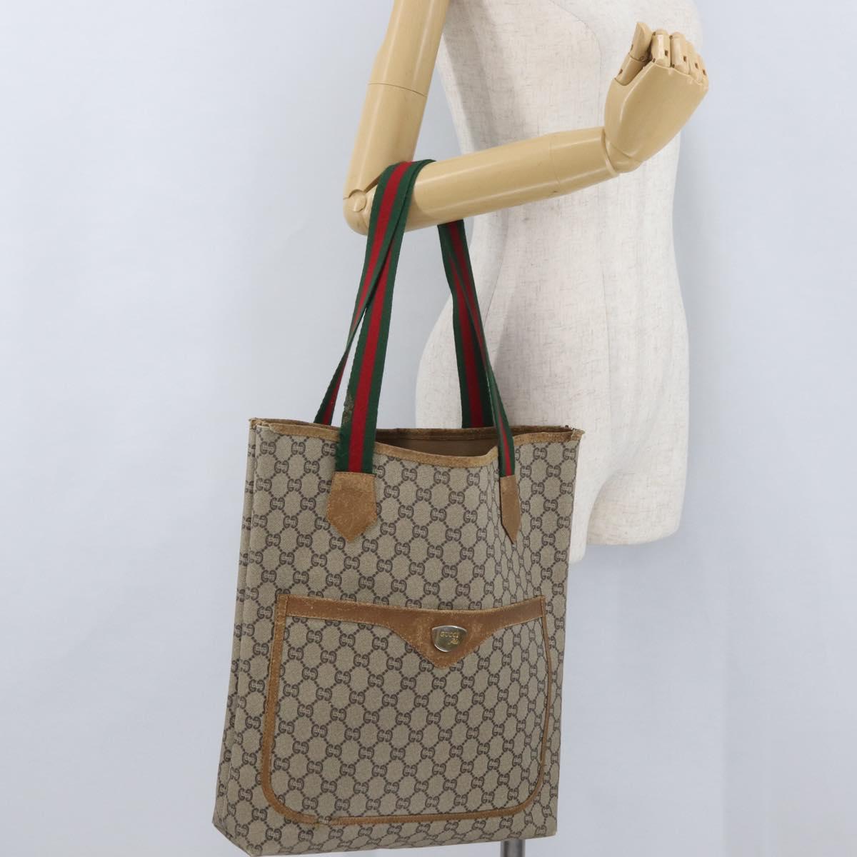 GUCCI GG Plus Supreme Web Sherry Line Tote Bag PVC Beige Red Green Auth BSZ695