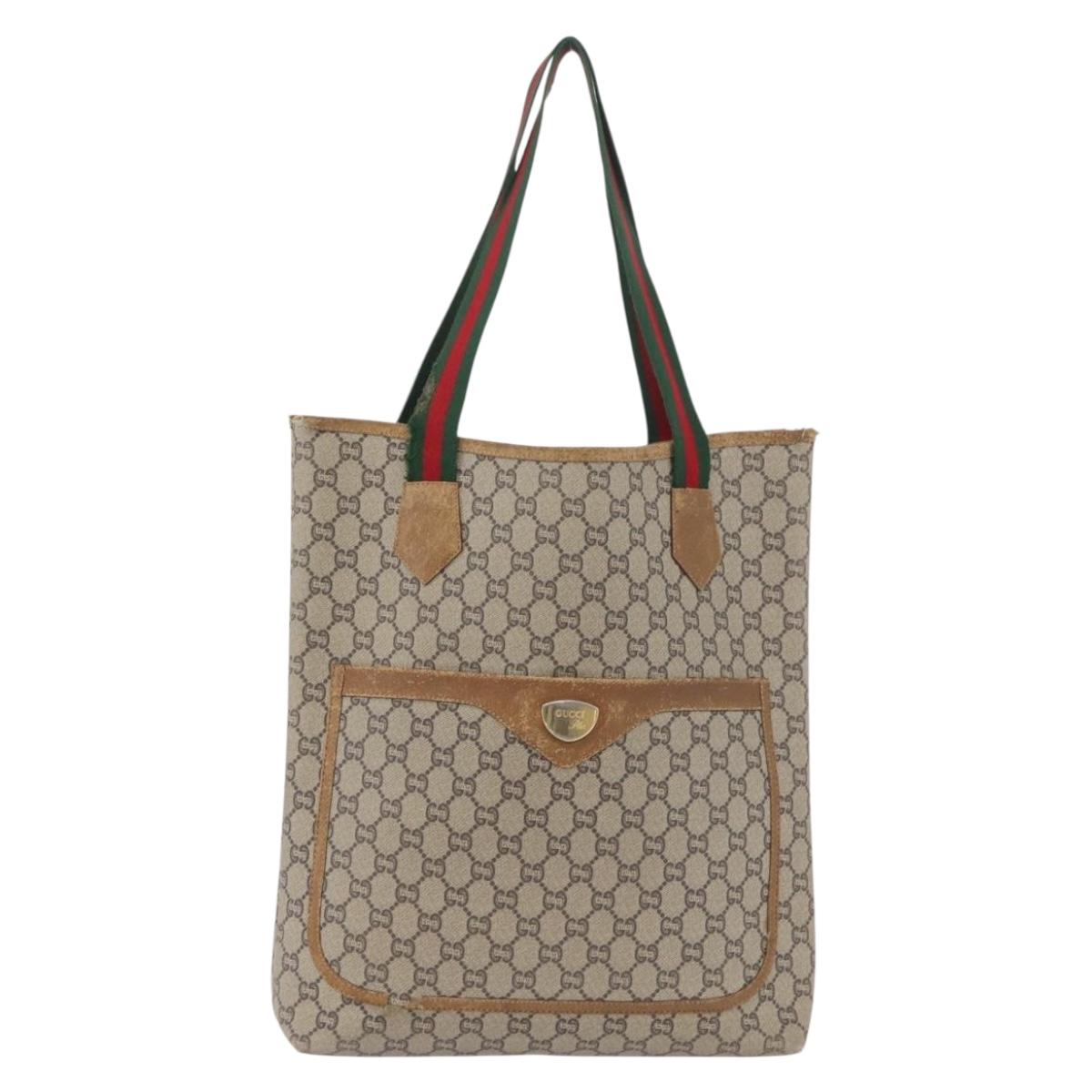 GUCCI GG Plus Supreme Web Sherry Line Tote Bag PVC Beige Red Green Auth BSZ695