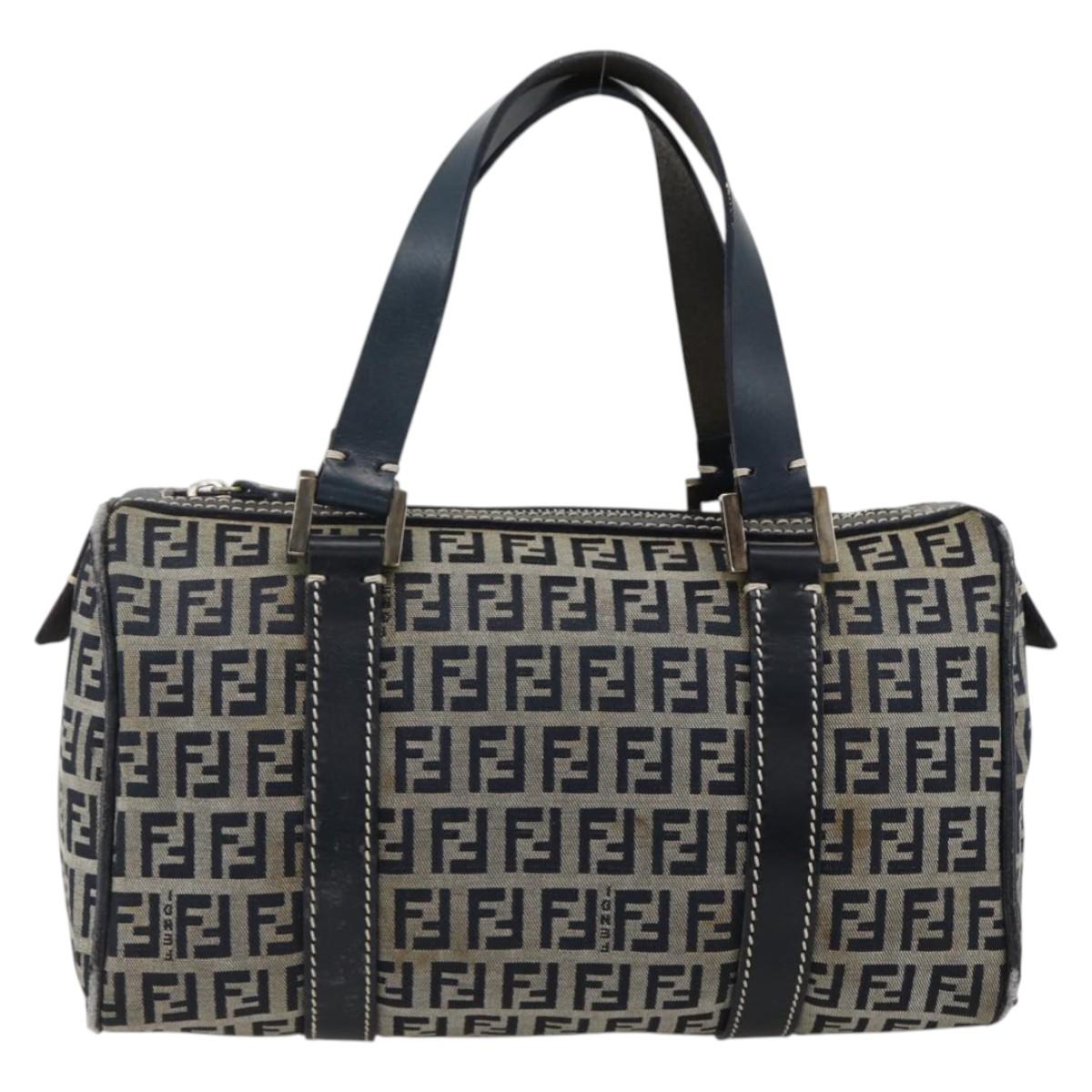 FENDI Zucchino Canvas Hand Bag Navy Silver Auth LNZ205